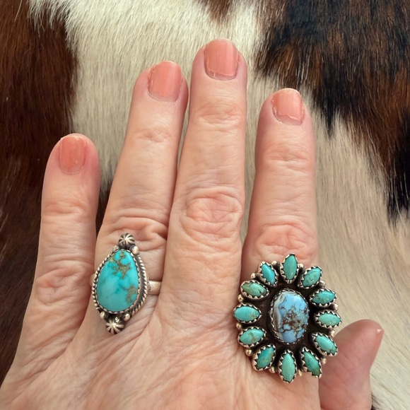 ❤️ Lone Mountain Turquoise Navajo Style Sterling Unisex ADJ Ring Sz 6 to 9 - Picture 4 of 15